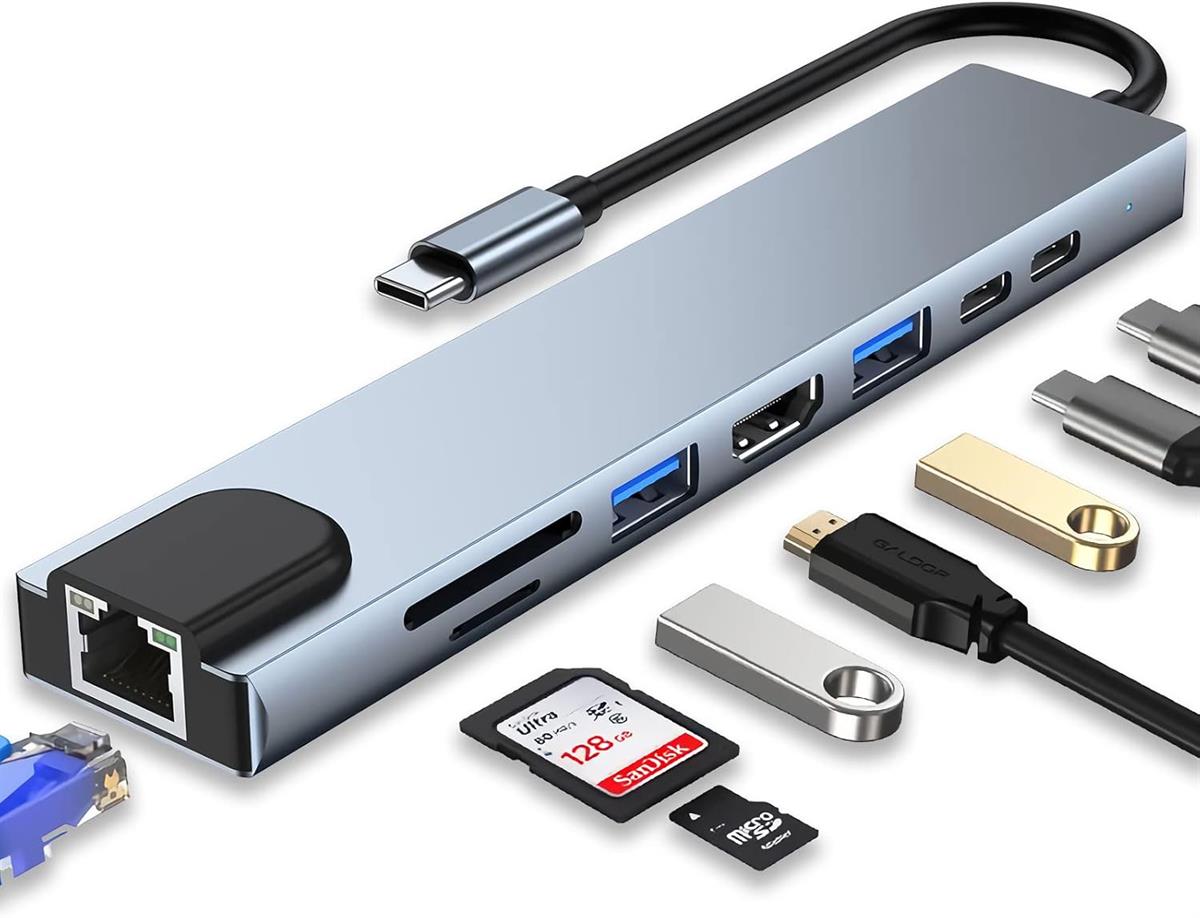 8-in-1 USB-C Hub Adapter with 4K HDMI, 100W PD, RJ45 Ethernet, USB 3.0, SD/TF – Compatible with MacBook & Type-C Laptops