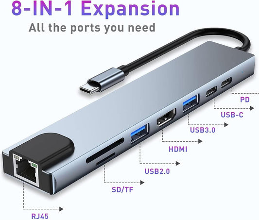 8-in-1 USB-C Hub Adapter with 4K HDMI, 100W PD, RJ45 Ethernet, USB 3.0, SD/TF – Compatible with MacBook & Type-C Laptops