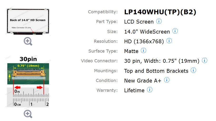 14.0 Inch HD LED Laptop Screen LP140WHU(TP)(B2) Matte Finish Front View