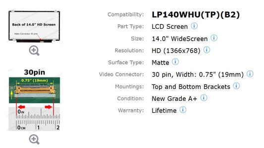 14.0 Inch HD LED Laptop Screen LP140WHU(TP)(B2) Matte Finish Front View