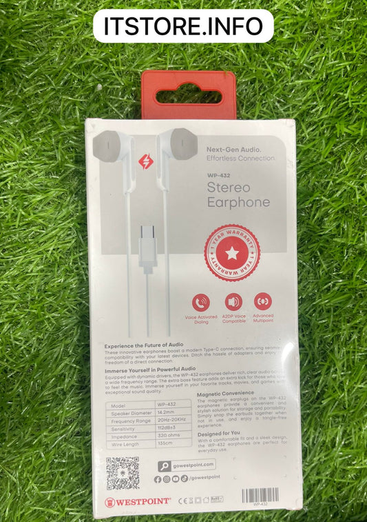 WP-432 Type-C Wired Bass Earphones Compatible with Android Smartphones I.T. STORE Faisalabad